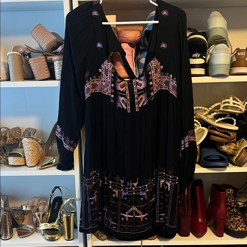 Free People  Open Back Black and Purple  Square Neck Long Sleeve Dress